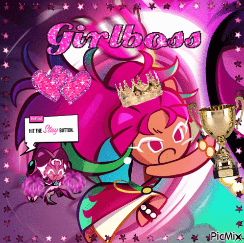 A Picture Of A Girl Holding A Trophy With The Words Girlboss Written On It GIF