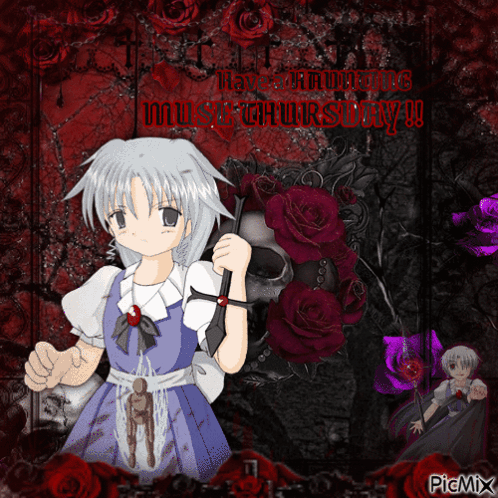 A Picture Of A Girl Holding An Umbrella With A Skull And Red Roses Behind Her GIF