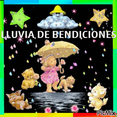 A Picture Of A Girl Holding An Umbrella With The Words " Lluvia De Bendiciones " On It GIF