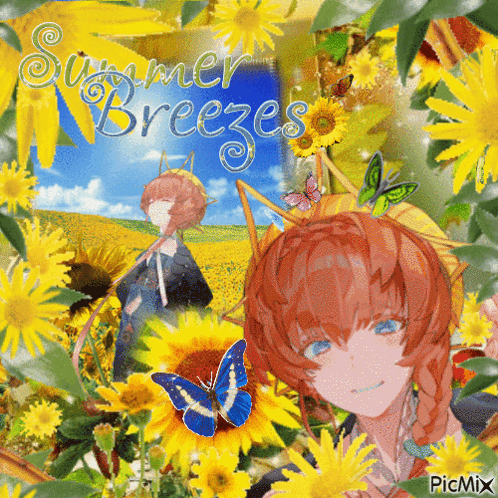 A Picture Of A Girl In A Field Of Sunflowers With The Words Summer Breezes Written On It GIF
