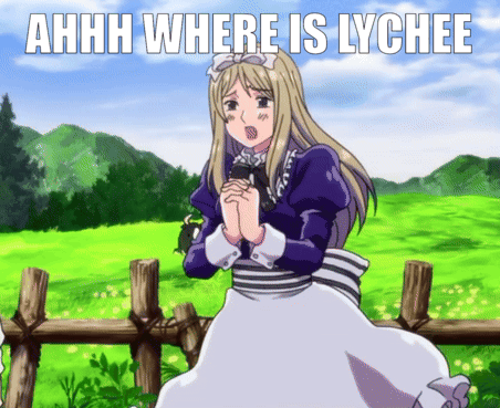 A Picture Of A Girl In A Field With The Words " Ahhh Where Is Lychee " GIF