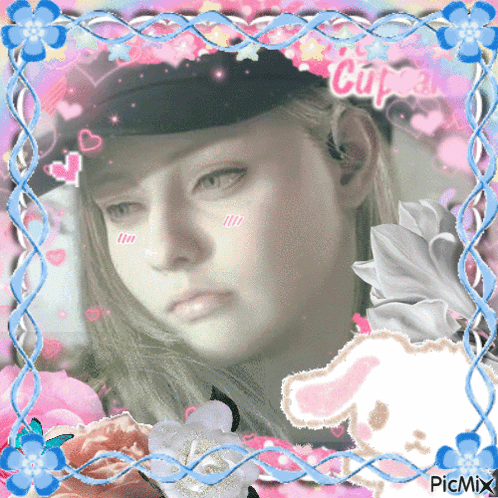 A Picture Of A Girl In A Hat With Flowers And The Word Cute On It GIF