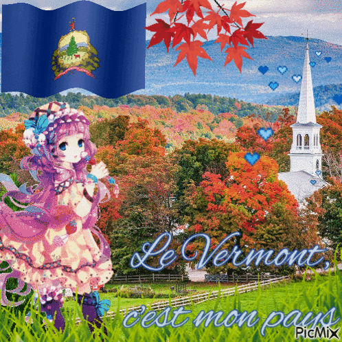 A Picture Of A Girl In A Pink Dress With The Words " Le Vermont C'est Mon Pays " GIF
