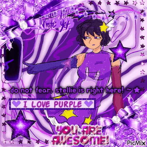 A Picture Of A Girl In A Purple Outfit That Says " Do Not Fear Stellie Is Right Here I Love Purple " GIF