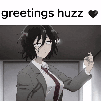 a picture of a girl in a suit and tie with the words greetings huzz