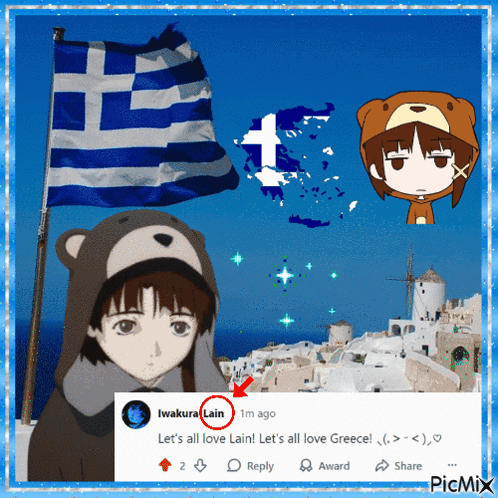 A Picture Of A Girl In A Teddy Bear Costume With A Greek Flag And A Reply From Iwakura Lain GIF