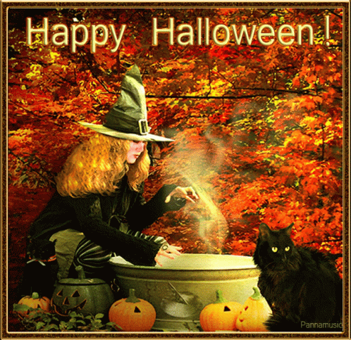 A Picture Of A Girl In A Witch Costume With The Words Happy Halloween Written On It GIF