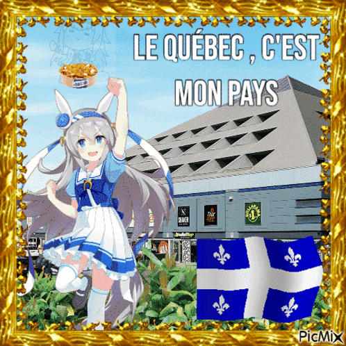 A Picture Of A Girl In Front Of A Building With The Words Le Quebec C'est Mon Pays GIF