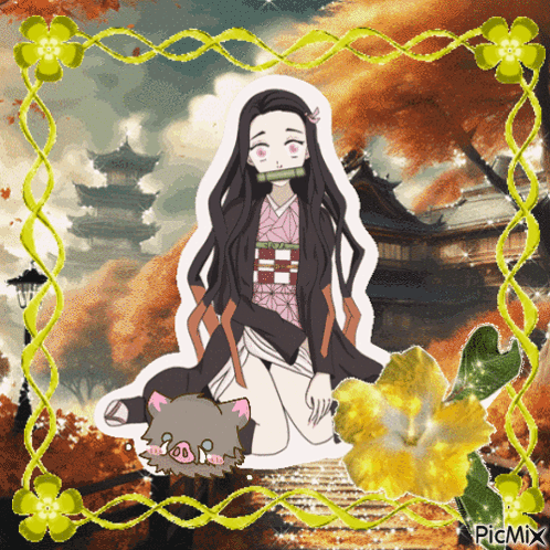 A Picture Of A Girl Kneeling Next To A Pig With Picmix Written On The Bottom Right GIF