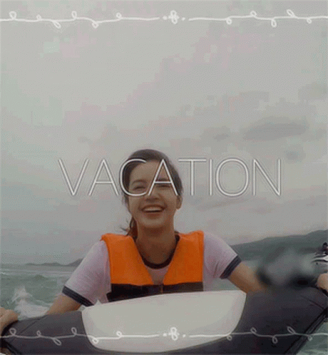 A Picture Of A Girl On A Jet Ski With The Word Vacation On It GIF