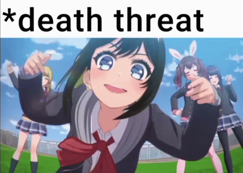 A Picture Of A Girl Pointing At The Camera With The Words * Death Threat * Below It GIF