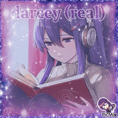 A Picture Of A Girl Reading A Book With Darcey Real Written Above Her GIF