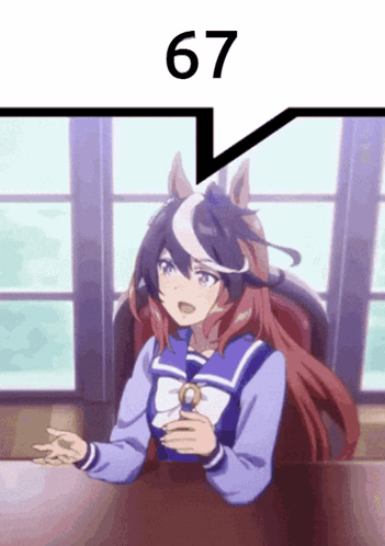 A Picture Of A Girl Sitting At A Table With The Number 67 Above Her GIF