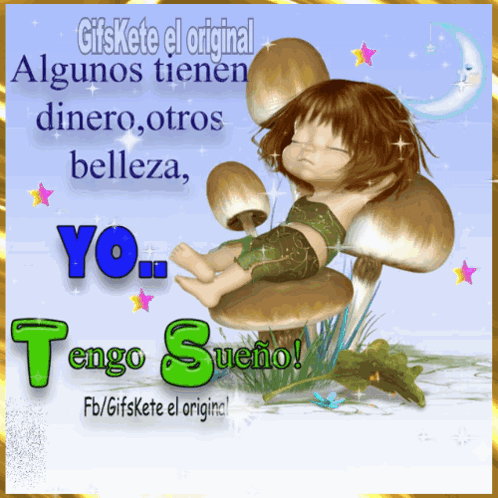 A Picture Of A Girl Sleeping On A Mushroom With The Words Tengo Sueño GIF