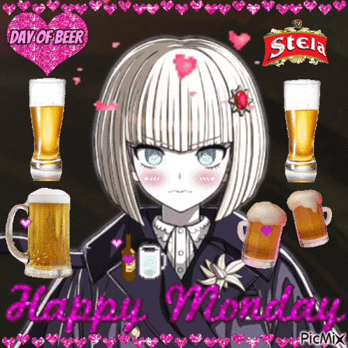 A Picture Of A Girl Surrounded By Beer Mugs And The Words Happy Monday On The Bottom GIF