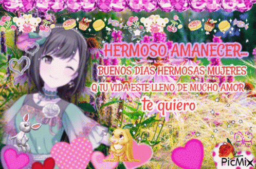 A Picture Of A Girl Surrounded By Hearts And Flowers With The Words Hermoso Amanecer GIF