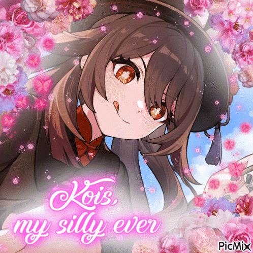 A Picture Of A Girl Surrounded By Pink Flowers With The Words " Koi 'S My Silly Ever " On The Bottom GIF