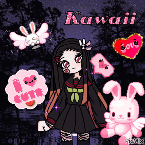 A Picture Of A Girl Surrounded By Stuffed Animals And The Words Kawaii GIF