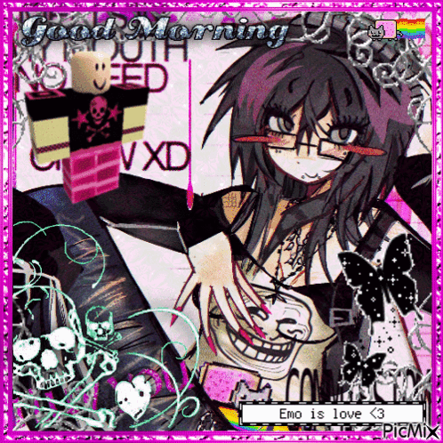 A Picture Of A Girl That Says Good Morning And Emo Is Love < 3 GIF