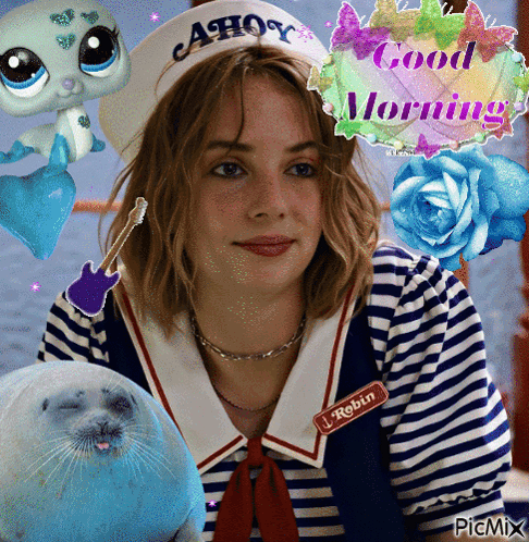 A Picture Of A Girl Wearing A Hat That Says Ahoy On It GIF