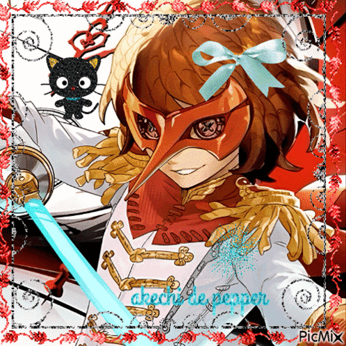 A Picture Of A Girl Wearing A Mask And Holding A Sword With A Black Cat In The Background GIF