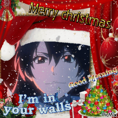 A Picture Of A Girl Wearing A Santa Hat Says Merry Christmas I 'M In Your Walls Good Morning GIF