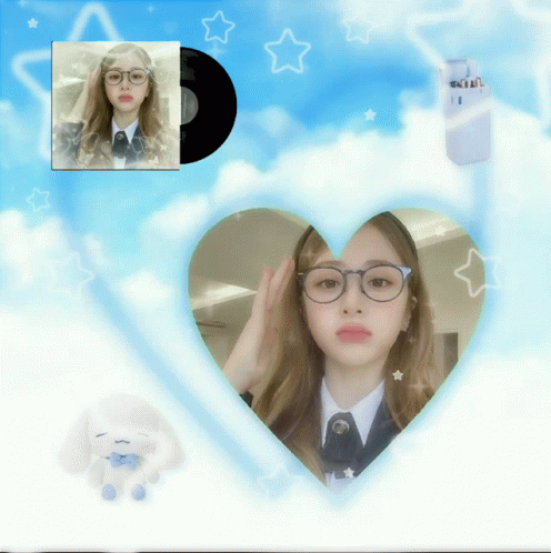 A Picture Of A Girl Wearing Glasses Is Surrounded By A Heart Shaped Frame GIF