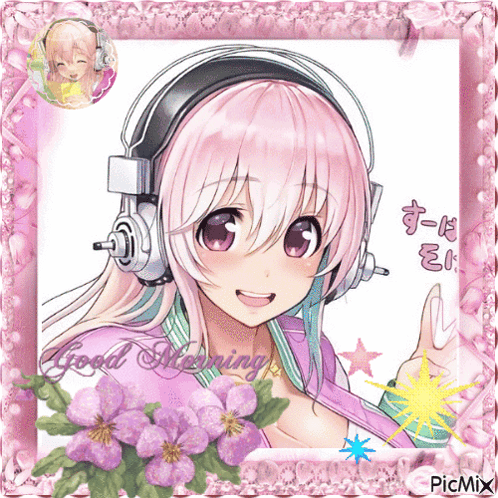 A Picture Of A Girl Wearing Headphones With The Words Good Morning On The Bottom GIF