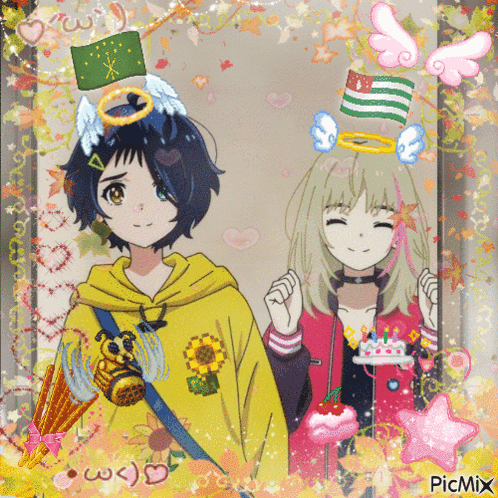 A Picture Of A Girl With A Bee On Her Shoulder And A Girl With A Cake And A Flag On Her Head GIF