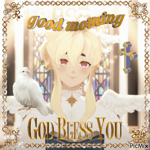 A Picture Of A Girl With A Bird On Her Shoulder And The Words God Bless You GIF
