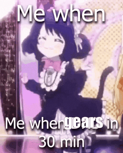 A Picture Of A Girl With A Cat Behind Her That Says " Me When Me Whengears In 30 Min " GIF