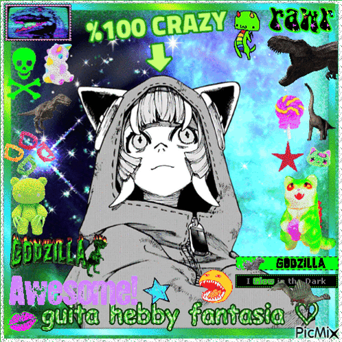 a picture of a girl with a cat hood and the words " godzilla awesome "