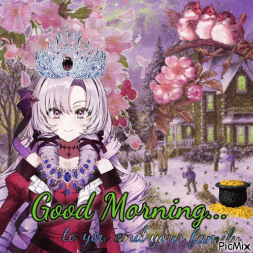 a picture of a girl with a crown on her head and the words " good morning to you and your family "