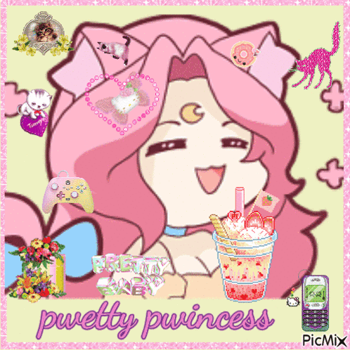 A Picture Of A Girl With A Drink And The Words Pwetty Princess On The Bottom GIF