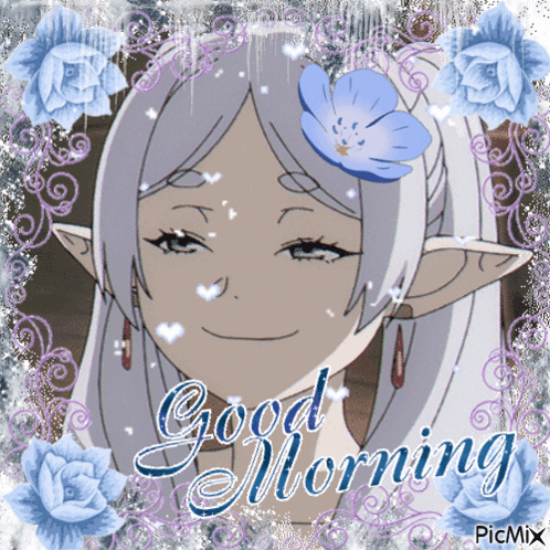 A Picture Of A Girl With A Flower In Her Hair And The Words Good Morning On The Bottom GIF