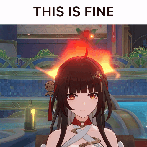 A Picture Of A Girl With A Flower In Her Hair And The Words " This Is Fine " Above Her GIF