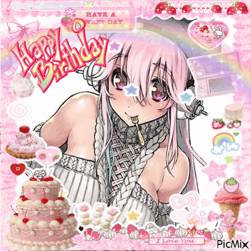 A Picture Of A Girl With A Fork And The Words Happy Birthday On It GIF