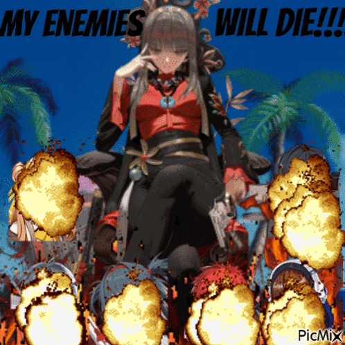 A Picture Of A Girl With A Gun And The Words " My Enemies Will Die " Behind Her GIF