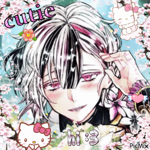 A Picture Of A Girl With A Hello Kitty And The Words Cutie On It GIF