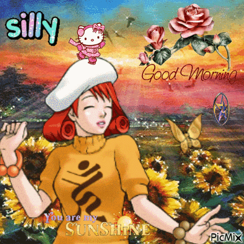 A Picture Of A Girl With A Hello Kitty On Her Hat And The Words Silly You Are My Sunshine GIF