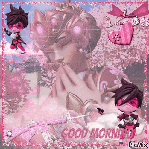 A Picture Of A Girl With A Mask And The Words Good Morning On The Bottom GIF