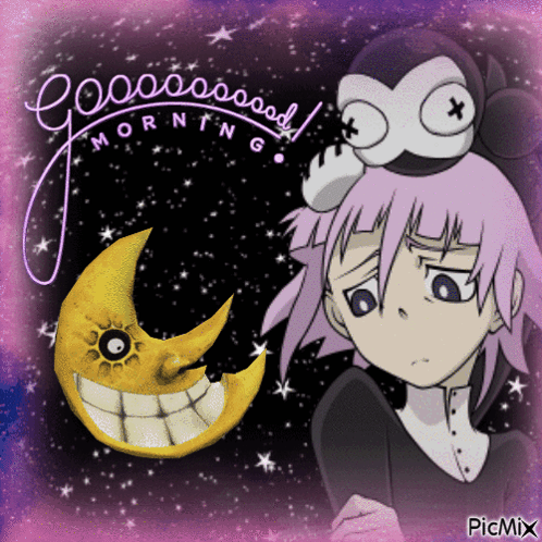 A Picture Of A Girl With A Penguin On Her Head And The Words Good Morning On It GIF