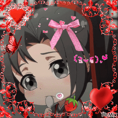 A Picture Of A Girl With A Pink Bow On Her Head Is Surrounded By Hearts And Butterflies GIF