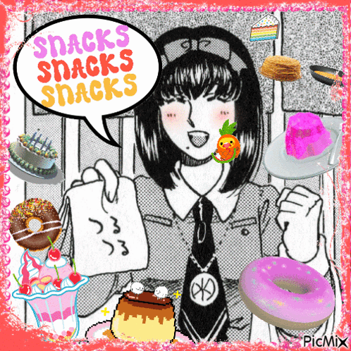 a picture of a girl with a speech bubble that says snacks snacks snacks on it