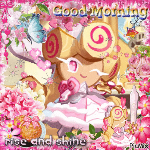 A Picture Of A Girl With A Swirl In Her Hair With The Words Good Morning Rise And Shine GIF