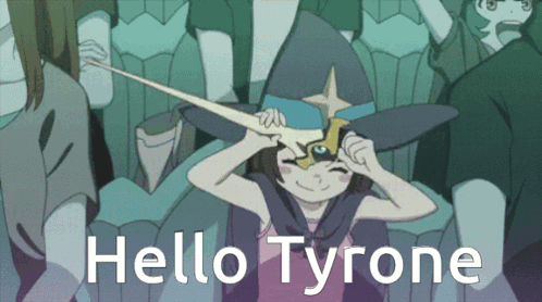 A Picture Of A Girl With A Sword And The Words Hello Tyrone Below Her GIF