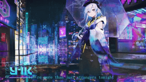 A Picture Of A Girl With An Umbrella And The Words " We 'Re More Than Just Strangers Tonight " At The Bottom GIF