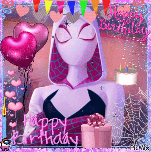A Picture Of A Girl With Balloons And The Words Happy Birthday On The Bottom GIF