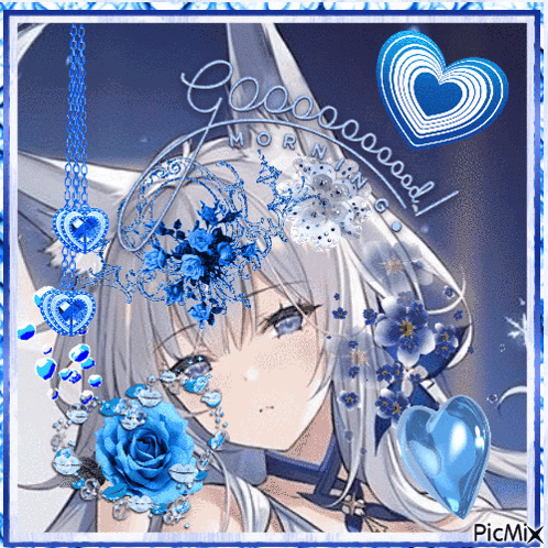 A Picture Of A Girl With Blue Flowers And The Words Good Morning Written On It GIF