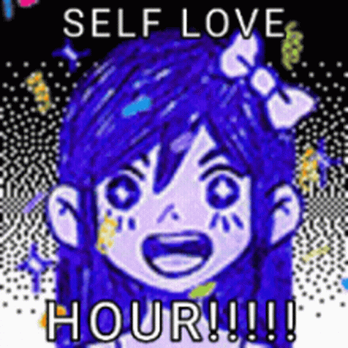 A Picture Of A Girl With Blue Hair And A Bow On Her Head With The Words `` Self Love Hour !!! '' GIF